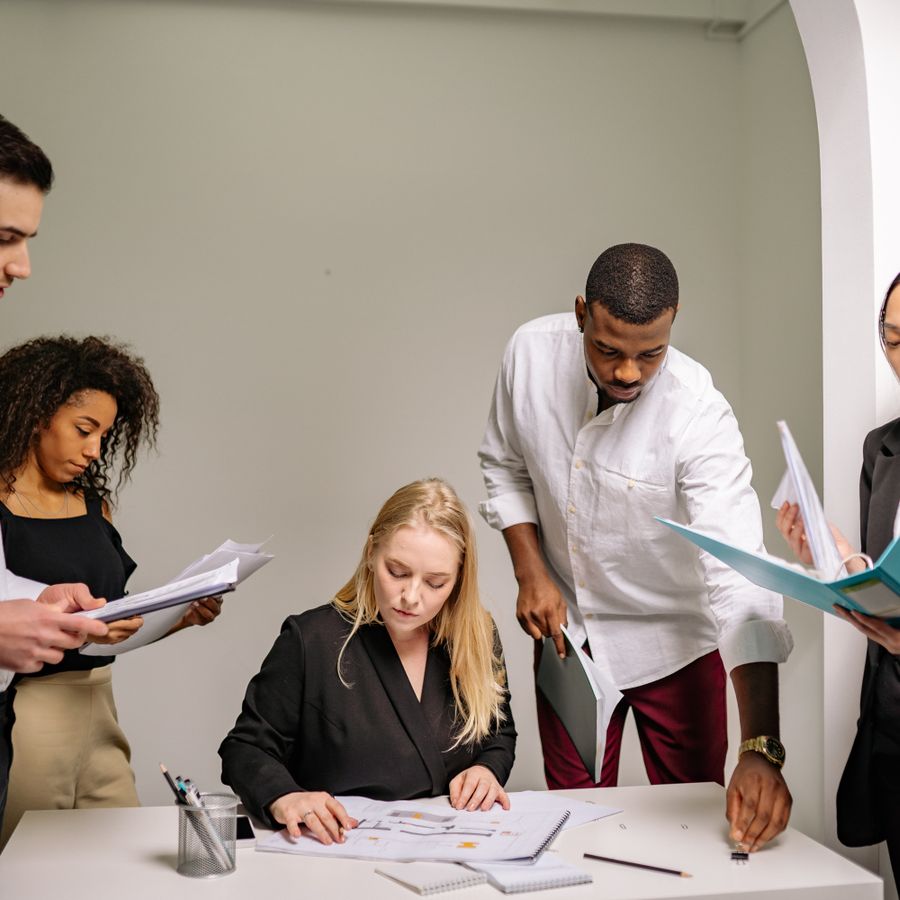 A professional team collaborating in an office